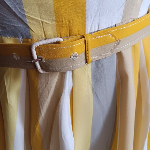 sz 8 Vintage Rockabilly Dress 1950's Jane Ann Yellow White Striped Belted USA - Picture 6 of 11